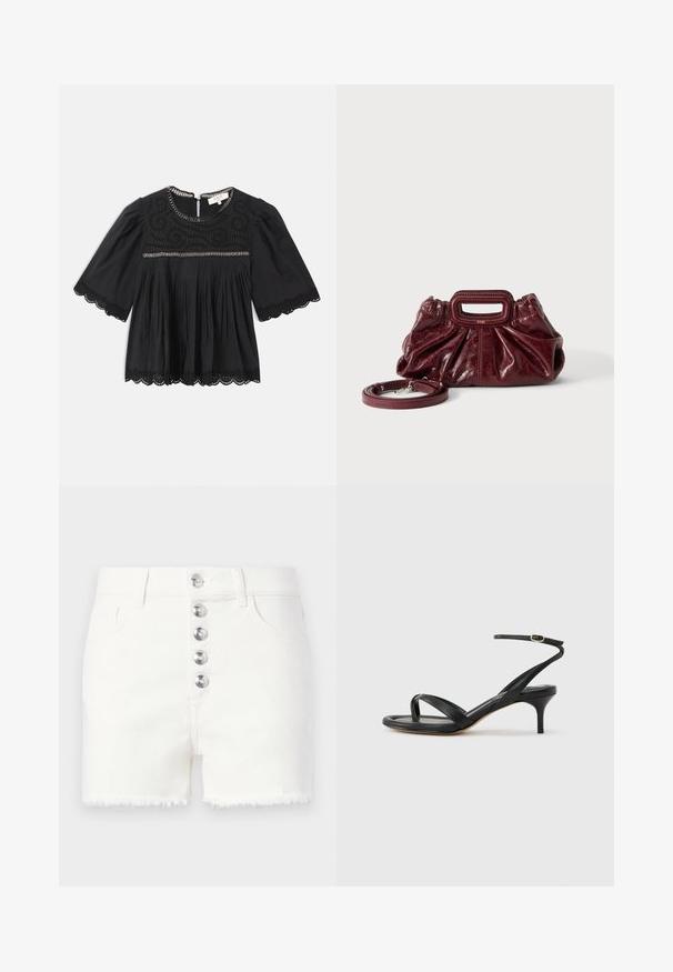 Blouse noire à manches courtes avec dentelle aux manches et à l'ourlet, empiècement brodé, devant plissé et détail en chaîne le long de l'encolure et de la poitrine.; Shorts en denim blanc avec cinq boutons argentés sur le devant et des ourlets effilochés, dotés de poches avant et de passants pour ceinture.; Sandale pour femme en cuir noir avec fines lanières, une boucle d'orteil, une boucle à la cheville et un talon aiguille de hauteur moyenne sur un fond neutre.; Petit sac à main en cuir rouge foncé avec texture froncée, poignée rectangulaire découpée pour la main et bandoulière détachable sur fond blanc.