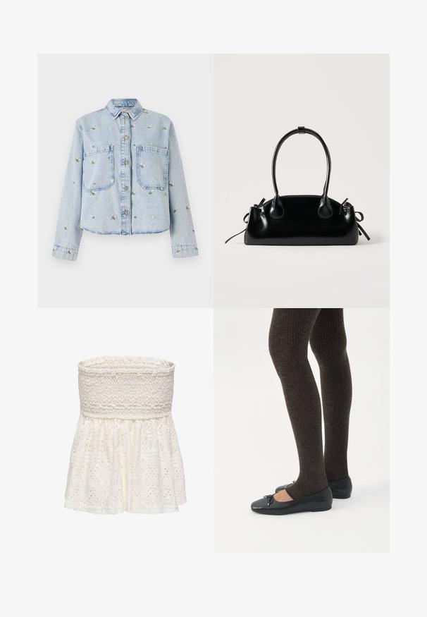 Veste en denim bleu clair avec broderies florales, dotée de deux poches avant, fermeture par boutons et col classique. Coupe décontractée avec ourlet cousu.; Top blanc sans bretelles avec un buste smocké texturé et une section inférieure évasée avec un motif en dentelle. Comprend des designs découpés complexes.; Jambes portant des leggings côtelés foncés associés à des ballerines noires avec de petits détails en nœud sur fond blanc.; Petit sac à main noir brillant avec deux longues anses et des détails à cordon sur les côtés sur un fond clair uni.