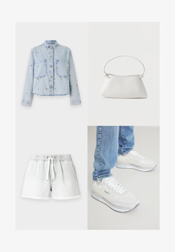 lichtblauwe spijkerjack met bloemenborduursel, voorzien van twee voorkruimels, knoopsluiting en een kraag. Casual fit met gestikte zoom.; Lichtgrijze spijkershorts met een elastische tailleband, trekkoordsluiting en een rafelige zoom. Voorzien van twee steekzakken aan de zijkant en een comfortabele, ruimvallende pasvorm.; Witte sportieve sneakers met een gestructureerde, gladde afwerking, voorzien van veters en een grijze rubberen buitenzool. Gecombineerd met lichte, taps toelopende blauwe jeans.; Witte handtas van gevlochten leer met een afgeronde handgreep en uiteinden van de band die geknoopt zijn, afgebeeld tegen een effen achtergrond.