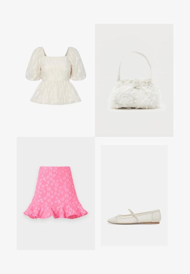 Top blanco de mangas abullonadas con escote cuadrado, que presenta un patrón floral texturizado y un dobladillo de peplum fruncido.; Falda rosa de corte acampanado que presenta patrones florales en relieve, un dobladillo con volantes y una textura suave. Longitud por encima de la rodilla con una cinturilla ajustada.; Zapato plano de punta puntiaguda en color blanco hueso con correa adornada con perlas y tacón bajo de madera, vista lateral sobre un fondo claro.; Pequeño bolso blanco con rosas de tela que cubren su cuerpo y una delgada correa única como asa, sobre un fondo liso.