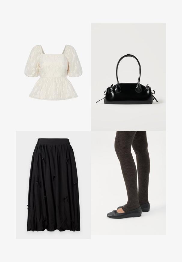 Top blanco de mangas abullonadas con escote cuadrado, que presenta un patrón floral texturizado y un dobladillo de peplum fruncido.; Falda negra de tela suave, con una cinturilla fruncida, diseño hasta la rodilla y pequeños lazos con cuentas en intervalos.; Piernas con leggings oscuros acanalados combinados con bailarinas negras que presentan pequeños detalles de lazo sobre un fondo blanco.; Pequeño bolso negro brillante con dos asas largas y detalles de cordón lateral sobre un fondo claro liso.