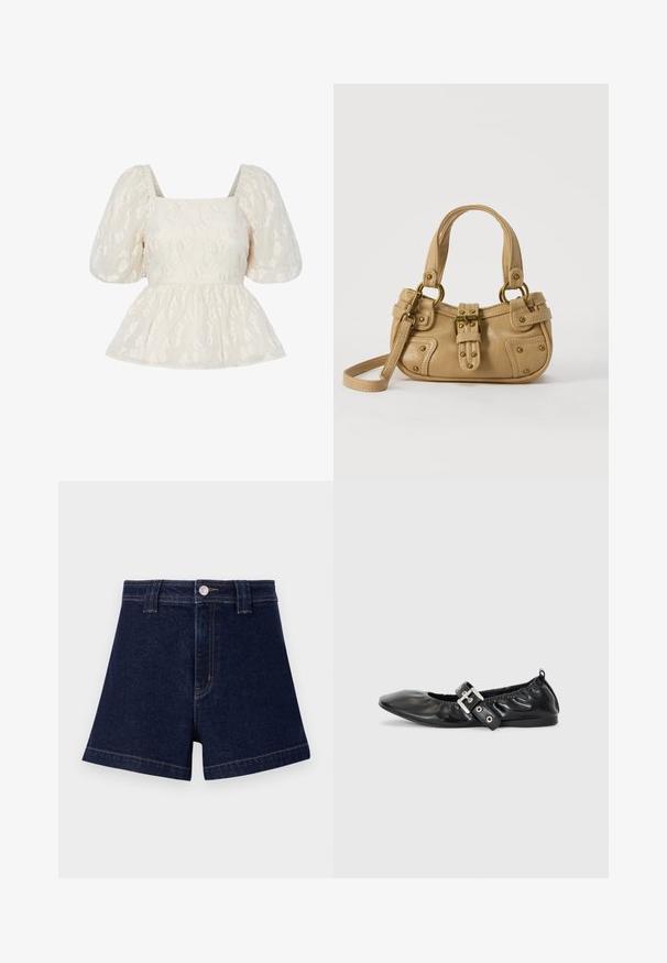 Weißes Oberteil mit Puffärmeln und quadratischem Ausschnitt, das ein strukturiertes florales Muster und einen gerafften Peplum-Saum aufweist.; Dunkelblaue Jeansshorts mit klassischem Schnitt, fünf Taschen-Design und kontrastierender gelber Naht sowie einem Metallknopfverschluss.; Schwarze Leder-Ballerinas mit spitzem Zehenbereich, gerafften Details am Schaft und einem silbernen Schnallenakzent am verstellbaren Riemen.; Beige Lederhandtasche mit doppelten Griffen, Messingschnalle und Nieten, sowie verstellbarem Schultergurt vor weißem Hintergrund.