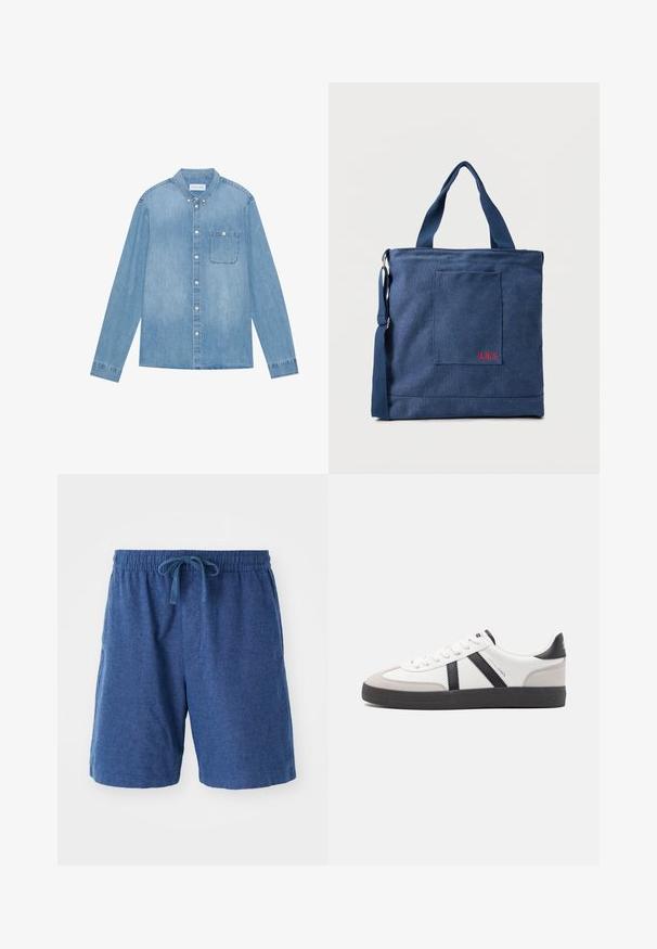Chemise en denim bleu clair à boutons, manches longues, col pointu, poche poitrine unique et décoloration subtile sur le tissu.; Shorts tissés bleus avec une taille élastique, fermeture à cordon et poches latérales. Longueur courte avec une surface lisse et texturée.; Baskets blanches avec des accents noirs et gris, présentant un embout texturé gris, une semelle en caoutchouc noir et des lacets plats blancs. Design épuré, style minimaliste.; Sac fourre-tout en toile bleue avec poche frontale et broderie rouge "O.N.S", doté de doubles poignées et d'une bandoulière réglable.