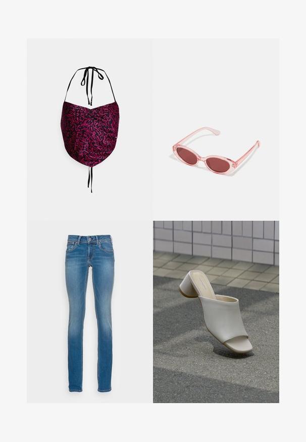 Tommy Jeans TJW CLUBBING HANKERCHIEF - Pluus - pink; Heledad helesinised teksad kitsaste lõigetega, viie taskuga ja kontrastsete oranžide õmblustega, varustatud nupuga ja tõmblukuga kinnitusega.; Üksik valge avatud varbaga mulk plokktallaga sillutatud pinnal plaaditud seina lähedal, nurga all, et näidata külg- ja ülaltvaateid.; Roosa läbipaistvusega prillid ovaalsete läätsedega, tumepunase varjundiga ja peenikeste varsidega, millel on sile viimistlus ja peened detailid raamile.