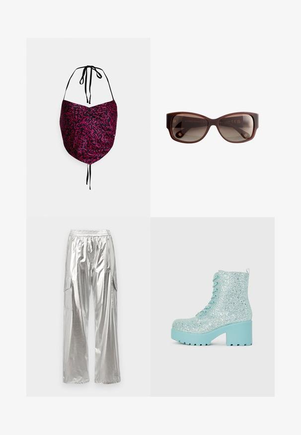 Tommy Jeans TJW CLUBBING HANKERCHIEF - Bluse - pink; MCM METALLIC PANTS - Cargobukser - silver; Glitrende lyseblå ankelstøvler med en klodset hæl, snørebånd i vandrestil og en tekstureret overflade med glitrende detaljer.; Brune rektangulære solbriller med en blank ramme og gradient mørke linser vist forfra mod en hvid baggrund.