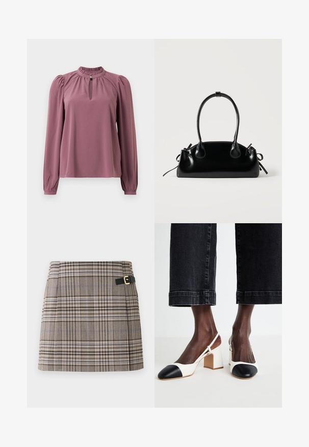 Langärmlige mauve Bluse mit gerafftem Kragen, Schlüsselloch-Ausschnitt mit Knopfverschluss und leicht gepufften Schultern.; Karierte Minirock in Braun, Beige und Blau mit einer Schnalle an einem schwarzen Gürtel. Strukturierter Stoff mit Falten entlang der Vorderseite.; Schwarz-weiße Slingback-Schuhe mit Blockabsatz, spitzer Zehenform, aus glattem Leder gefertigt und mit kontrastierenden Farbakzenten an der Zehenkappe.; Kleine schwarze glänzende Handtasche mit zwei langen Griffen und seitlichen Kordelzug-Details vor einfachem hellem Hintergrund.