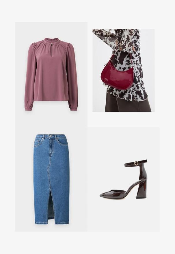 Langärmlige mauve Bluse mit gerafftem Kragen, Schlüsselloch-Ausschnitt mit Knopfverschluss und leicht gepufften Schultern.; Jeans-Midirock in Blau. Verfügt über einen vorderen Schlitz, einen hohen Bund und ein Fünf-Taschen-Design. Klassische Nähte und Metall-Details.; Dunkelbrauner Lackleder High Heel mit spitzer Spitze, Blockabsatz und verstellbarem Knöchelriemen mit goldener Schnalle.; Frau trägt eine schwarz-weiß gemusterte Bluse und hält eine glänzende rote Schultertasche vor einem einfarbigen Hintergrund.