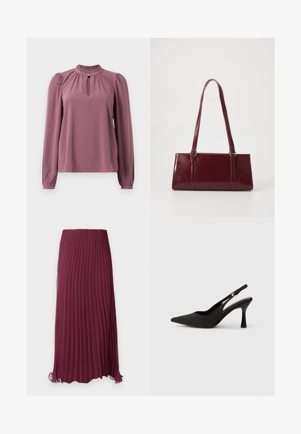 Langermet mauve bluse med samlet krave, nøglehul-udskæring med knaplukning og let puffede skuldre.; Lang burgunderfarvet plisseret nederdel lavet af letvægtsstof med elastisk talje og en let flæset kant. Teksturerede lodrette plisseringer overalt.; Sorte slingback hæle med spids tå, glat mat finish og en slank, blank hæl. Justerbar rem med lille spænde detaljer.; Bordeaux håndtaske lavet af glansfuldt materiale, rektangulær form, med to skulderremme og subtile buede detaljer på forsiden.
