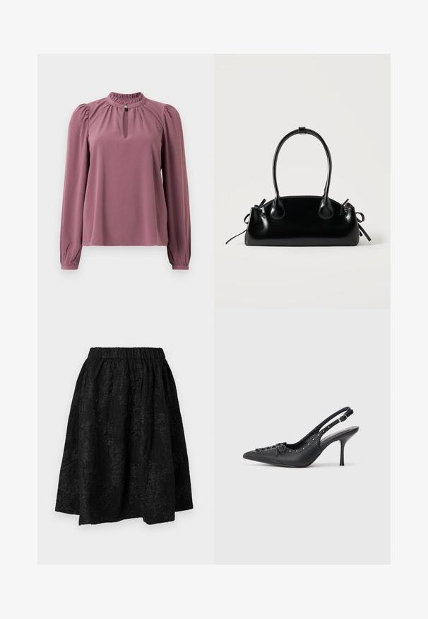 Blusa de manga larga en color malva con cuello fruncido, escote en forma de ojal con cierre de botón y hombros ligeramente abullonados.; Falda negra con cintura elástica, con patrones florales texturizados. La tela parece ligera y ligeramente arrugada.; Sandal de tacón stiletto negro de cuero con punta afilada, correa lateral con hebilla, tachuelas a lo largo del borde y cordones decorativos en la parte delantera.; Pequeño bolso negro brillante con dos asas largas y detalles de cordón lateral sobre un fondo claro liso.
