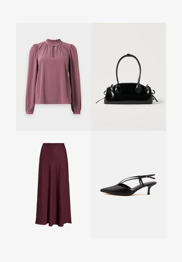 Langärmlige mauve Bluse mit gerafftem Kragen, Schlüsselloch-Ausschnitt mit Knopfverschluss und leicht gepufften Schultern.; Burgunderfarbene Satin-Maxikleid mit glatter Textur, hoher Taille und fließender Silhouette, die sich sanft zur Saumkante hin ausläuft.; Schwarzer Leder-Kitten-Heel mit spitzer Schuhspitze, dünnem Knöchelriemen und Schnalle, Slingback-Design, auf hellem einfarbigem Hintergrund.; Kleine schwarze glänzende Handtasche mit zwei langen Griffen und seitlichen Kordelzug-Details vor einfachem hellem Hintergrund.