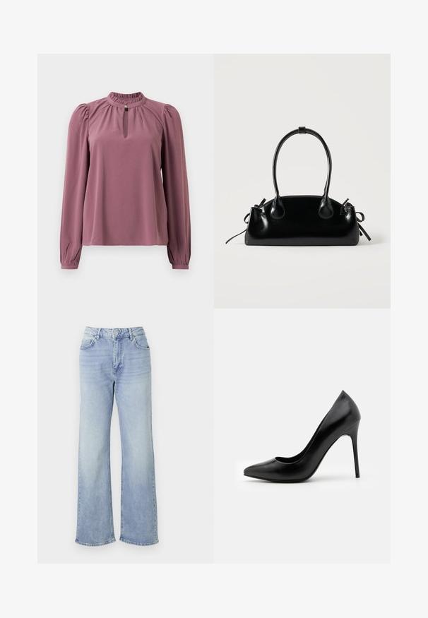 Langärmlige mauve Bluse mit gerafftem Kragen, Schlüsselloch-Ausschnitt mit Knopfverschluss und leicht gepufften Schultern.; Helle blaue Wide-Leg-Jeans aus Denim, mit hohem Bund, fünf Taschen und einem Saum mit dezenten Fransen.; Schwarze Leder-Pumps mit hohen Absätzen, spitz zulaufender Zehenpartie und glatter Textur. Verfügt über einen schmalen Stiletto-Absatz und ein tief ausgeschnittenes Obermaterial.; Kleine schwarze glänzende Handtasche mit zwei langen Griffen und seitlichen Kordelzug-Details vor einfachem hellem Hintergrund.