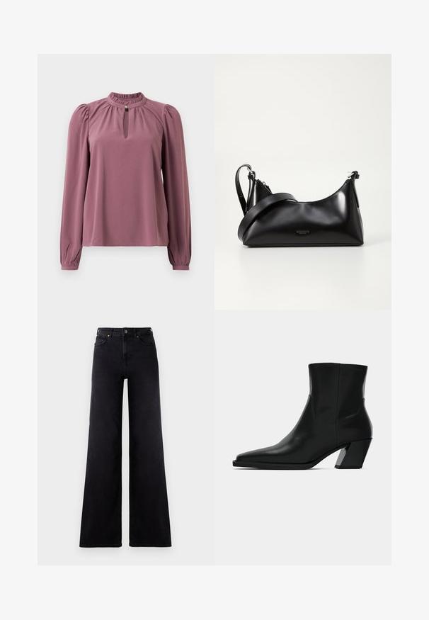 Langermet mauve bluse med samlet krave, nøglehul-udskæring med knaplukning og let puffede skuldre.; Højtaljede sorte wide-leg jeans med frontlommer, bælteløkker og knappelukning.; Sortlæder ankelstøvle med spids tå, en slank silhuet og en kraftig firkantet hæl. Glat tekstur med minimale stikninger.; Sort læderhåndtaske med en glat tekstur. Har en justerbar stropp og et enkelt, minimalistisk design med lynlås.