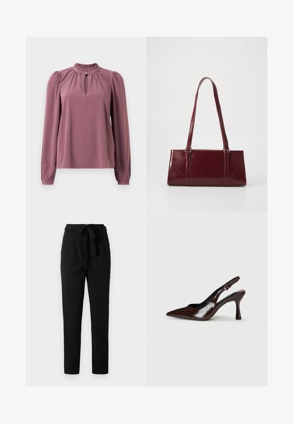 Blouse mauve à manches longues avec col froncé, encolure à clef avec fermeture à bouton et épaules légèrement bouffantes.; Pantalons noirs en matériau doux et flexible, dotés d'une taille à nouer, de plis à l'avant et d'une conception de jambe fuselée.; Talons slingback en cuir verni brun avec un bout pointu, un talon fin, et une sangle réglable avec une petite boucle.; Sac à main bordeaux en matériau brillant, de forme rectangulaire, avec deux anses et des accents légèrement courbés à l'avant.