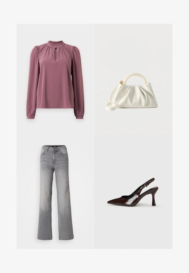Mauve blouse met lange mouwen, geplooide kraag, keyhole halslijn met knoopsluiting en licht opgeblazen schouders.; Grijs denim jeans met hoge taille en rechte pijpen, voorzien van een knoop en ritssluiting aan de voorkant, voor- en achterzakken, en een vervaagde schaduw op de dijen en kuiten.; Bruine gepatineerde leren slingback pumps met een spitse neus, een dunne hak en een verstelbaar bandje met een kleine gesp.; Kleine witte handtas met een gerimpeld lichaam, ronde handgreep versierd met parels en een afneembare schouderriem tegen een effen achtergrond.