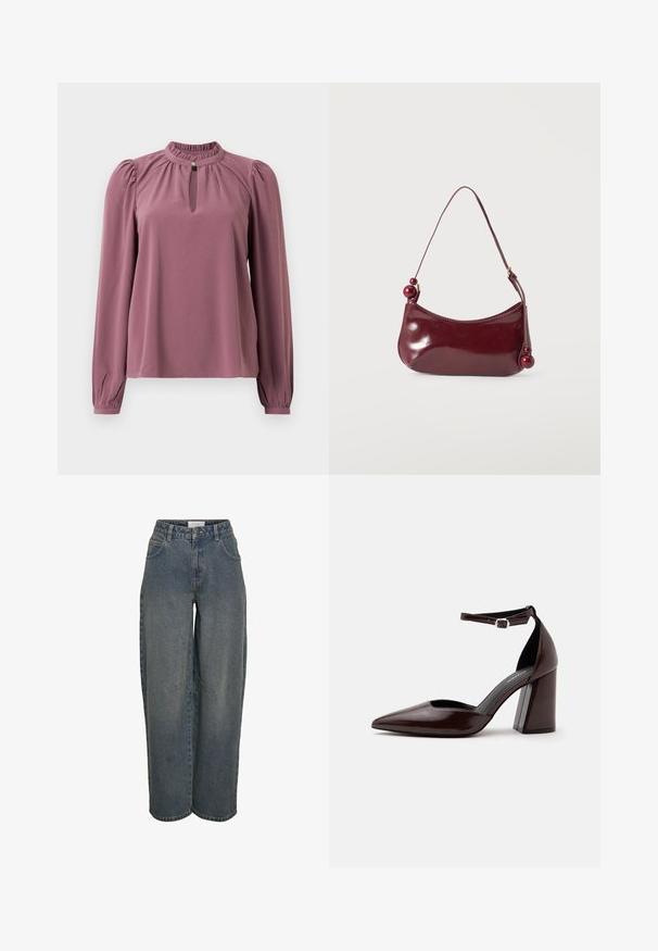 Blusa de manga larga en color malva con cuello fruncido, escote en forma de ojal con cierre de botón y hombros ligeramente abullonados.; Jeans de tiro ancho en azul oscuro, hechos de una tela de algodón texturizada. Presentan bolsillos frontales y un cierre de cremallera con botón.; Zapato de tacón alto de cuero marrón oscuro con punta puntiaguda, correa en el tobillo y hebilla plateada sobre fondo blanco.; Bolso pequeño brillante de color rojo oscuro con un borde superior curvado y cuentas redondas decorativas en los extremos de la correa.