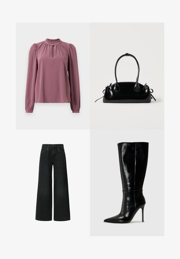 Mauve blouse met lange mouwen, geplooide kraag, keyhole halslijn met knoopsluiting en licht opgeblazen schouders.; Zwarte jeans met wijd uitlopende pijpen, gemaakt van denim, met een klassieke vijf-pocket design en decoratieve studded details nabij de voorkruiszakken.; Zwarte leren kniehoge laarzen met een spitse neus en hoge stiletto hak. Soepele textuur en strak ontwerp, met minimale detailing.; Kleine zwarte glanzende handtas met twee lange hengsels en zijkant trekkoord details op een effen lichte achtergrond.