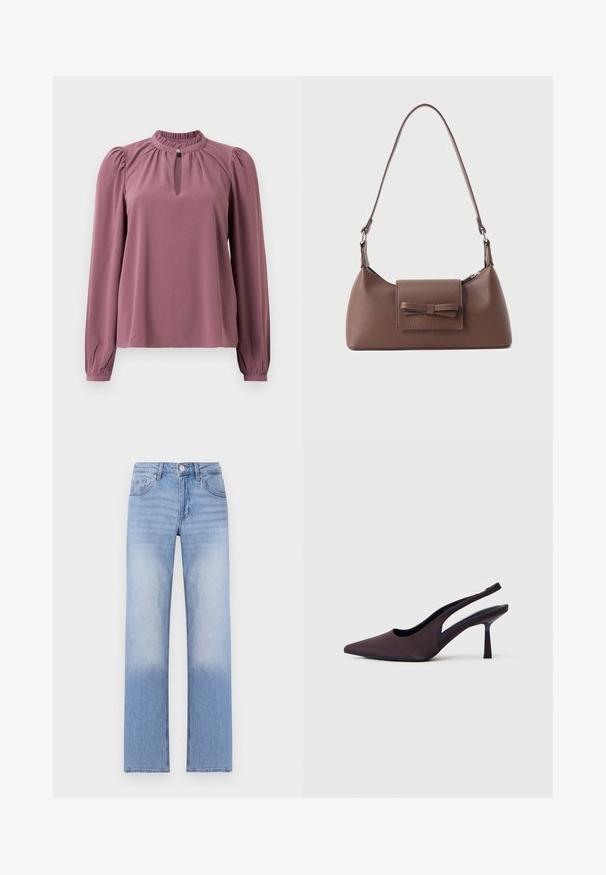 Blusa de manga larga en color malva con cuello fruncido, escote en forma de ojal con cierre de botón y hombros ligeramente abullonados.; Pantalones de mezclilla azul claro con un diseño de pierna recta, que presentan un lavado deslavado en la parte inferior y un estilo clásico de cinco bolsillos.; Zapato de tacón con tira trasera en tela color púrpura oscuro. Diseño de punta rematada, laterales abiertos y tacón delgado de forma cuadrada. Textura suave.; Bolso bandolera de cuero marrón con un bolsillo frontal de solapa que presenta un detalle de moño cosido y una correa ajustable.