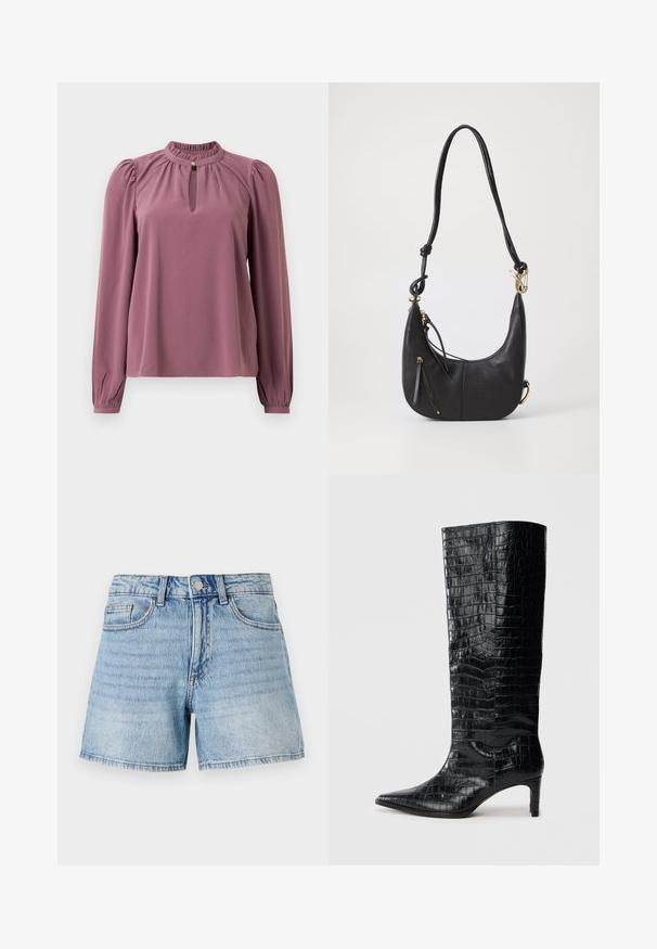 Mauve blouse met lange mouwen, geplooide kraag, keyhole halslijn met knoopsluiting en licht opgeblazen schouders.; Lichtblauwe denim shorts met een hoge taille, vijf zakken en een rafelige zoom. Voorzien van subtiele vervagingen en gouden stikdetails.; Zwarte knielaarzen met een glanzende, krokodillenpatroonstructuur, een puntige neus en een taps toelopende hak. Gladde synthetische materiaal.; Zwarte leren handtas met een gebogen silhouet, textuurovereenkomst, een enkele schouderband, gouden hardware-accenten en een zijritszak.