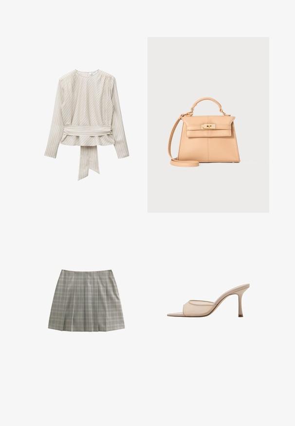 Langærmet beige bluse med tynde diagonale striber, rund halsudskæring og tilhørende bindebælte i taljen, der går ned under kanten.; Grå ternet plisseret nederdel med subtile tynde linjer i sort, hvid og tan, lagt fladt på en hvid baggrund.; Nøgen hæl sandal med åben tå og gennemsigtig overdel samt slank hæl, der har en glat tekstur og minimalistisk design.; Beige læderhåndtaske med en struktureret form, top håndtag, justerbar rem og detaljer med guldhardware. Glat tekstur, minimalistisk design.