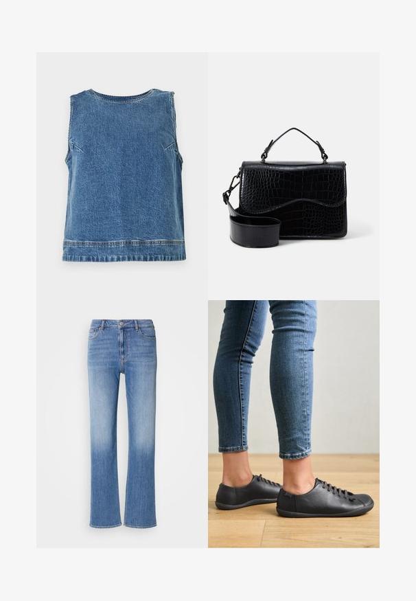 Denim ærmeløs top i mellemblå med rund hals. Har subtil tekstur og en lige kant, med minimale syningsdetaljer.; Lyseblå denim jeans med lige ben, der har en falmet effekt, fem-lomme stil og standard knap- og lynlås lukning.; Sorte lædersko med rund tå, lav profil og snørebåndsdesign. Kombineret med blå, tætsiddende jeans og en baggrund af trægulv.; Sort faux læder crossover taske med et tekstureret krokodillemønster, en top-håndtag og en justerbar rem. Egenskab: buet klaplukning.