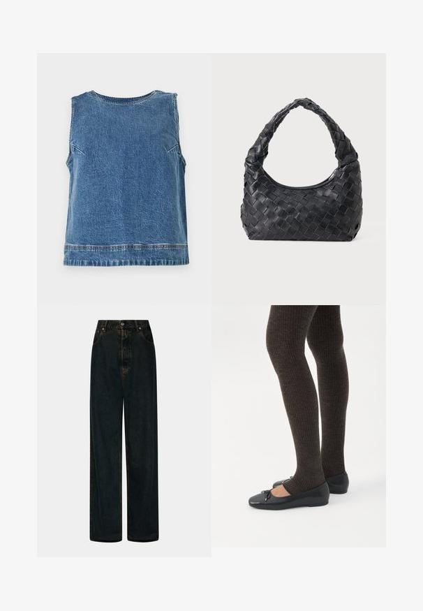 Spijkerstof mouwloos topje in middelblauw met een ronde hals. Heeft een subtiele textuur en een rechte zoom, met minimale stikdetails.; Hoge taille, wijde pijpen, donkerblauwe denim jeans met een sluiting van voor knoop en rits, riemlussen en voorzakken.; Benen met donkere geribbelde leggings gecombineerd met zwarte ballerina's met kleine strikdetails op een witte achtergrond.; Zwarte leren geweven schoudertas met een ronde handgreep en een maansvormig lichaam op een effen achtergrond.