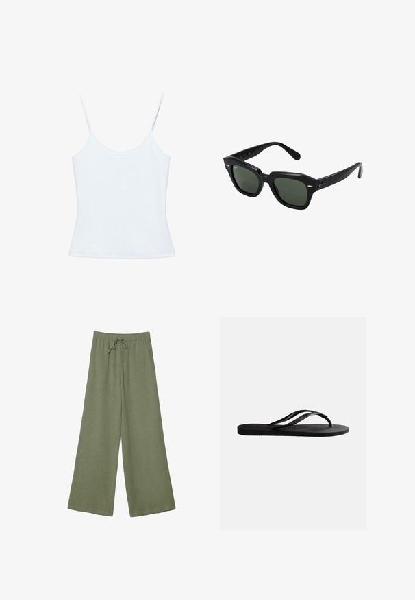 Camisole blanche pour femme avec fines bretelles spaghetti et un design ajusté et sobre.; Pantalon ample vert olive à jambes larges avec taille élastique et cordon de serrage réglable, avec poches latérales.; Sandale tong en caoutchouc noir avec semelle texturée et fines brides en Y sur un fond blanc uni.; Lunettes de soleil carrées noires avec des verres vert foncé, présentant des montures audacieuses et des accents argentés sur les côtés. Fabriquées en Italie.