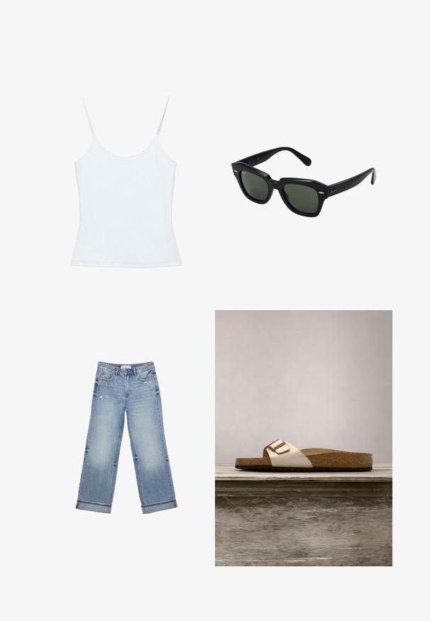 Hvid dame-camisole med tynde spaghettistropper og et tætsiddende, ensfarvet design.; Lyseblå denimjeans med bred bendesign, der har frynset kant, let slid og klassisk fem-lommes design.; Sandal med slide-design, der har en let metallisk overdel, korkfodbed og tekstureret brun gummisål. Spænde detalje med logoaccent.; Sorte firkantede solbriller med mørkegrønne linser, der har kraftige stel og sølvdetaljer på siderne. Fremstillet i Italien.