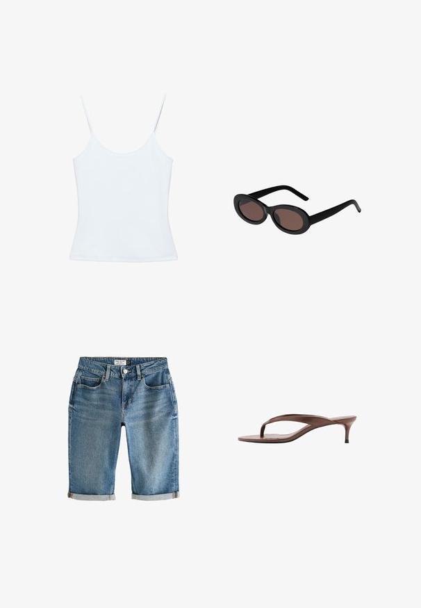 Hvid dame-camisole med tynde spaghettistropper og et tætsiddende, ensfarvet design.; Blå denim knæ-lange shorts med en opsmøgning, fem lommer og lukning med metalknap. Stof har et let falmet udseende.; Brun læder thong sandal med lav kittenhæl og firkantet tå, vist i sideprofil på hvid baggrund.; Sorte ovale solbriller med brune tonede linser. Har tykke plastisk rammer og slanke, buede arme. Glat overflade hele vejen igennem.