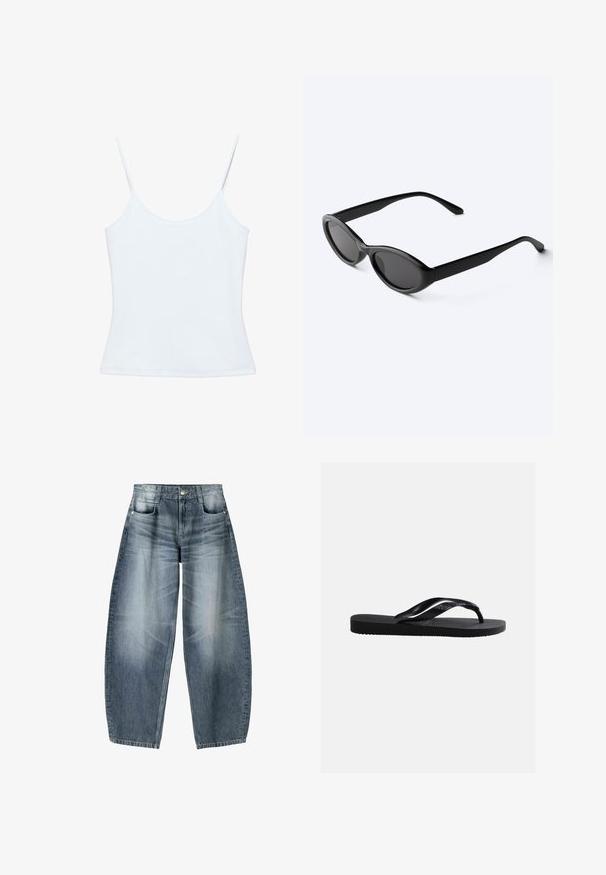 Camisole blanche pour femme avec fines bretelles spaghetti et un design ajusté et sobre.; Jean large en denim bleu clair avec décoloration, présentant un design à cinq poches, un bouton de fermeture et des détails de couture minimaux.; Sandale tong noire en caoutchouc avec semelle texturée et brides lisses, vue de côté sur un fond gris clair uni.; Lunettes de soleil ovales noires et élégantes avec des verres foncés et des branches droites, posées sur une surface blanche.