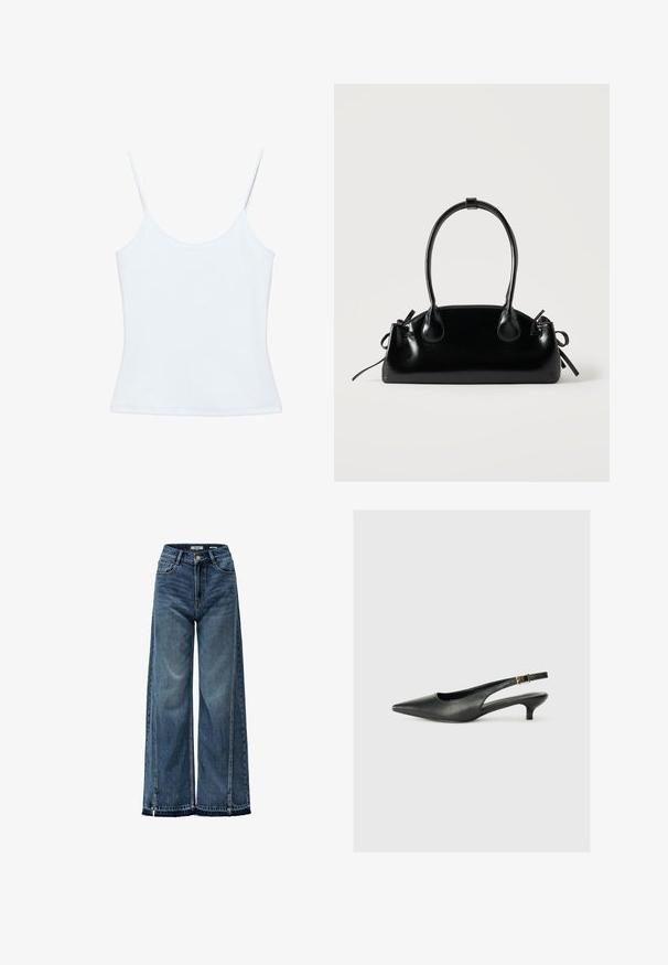 Weißes Damen-Camisole mit dünnen Spaghettiträgern und einem enganliegenden, schlichten Design.; Weite blaue Denim-Jeans mit hoher Taille, die subtile Verwaschungen, Kontrastnähte und einen rohen Saum am Knöchel aufweisen.; Schwarzer Slingback-Schuh mit spitzem Zehenbereich aus glattem Leder. Mit einem dünnen Absatz und einer dekorativen Schnalle am verstellbaren Riemen.; Kleine schwarze glänzende Handtasche mit zwei langen Griffen und seitlichen Kordelzug-Details vor einfachem hellem Hintergrund.
