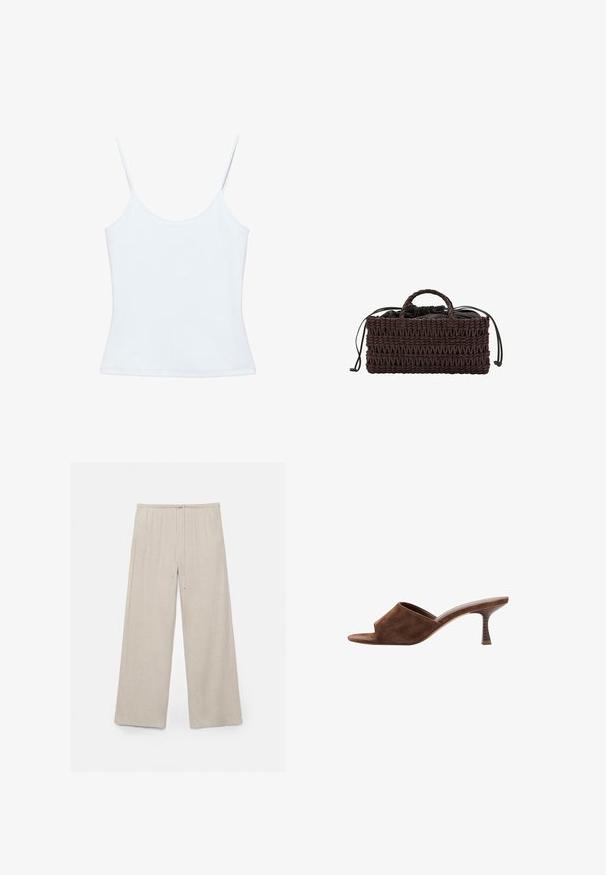 Camisole blanche pour femme avec fines bretelles spaghetti et un design ajusté et sobre.; Pantalon beige à jambes larges avec taille élastique et cordon, en tissu doux texturé.; Mule en daim marron à bout ouvert, talon en bois incurvé de hauteur moyenne et design à enfiler sur fond blanc.; Sac à main rectangulaire tissé marron foncé avec deux petites poignées et une pochette en tissu noire à cordon à l'intérieur.