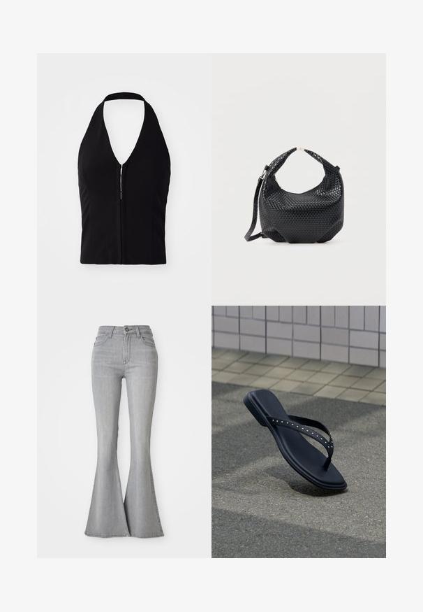 Sort halterneck-top med dyb V-hals, struktureret form og lynlåsdetalje foran. Glat stof uden synlige mønstre eller teksturer.; Højtaljede lysegrå denim jeans med flared ben, frontknap, lynlås og for- samt baglommer.; Sort flip-flop sandal med nittede stropper hængende over asfaltbelægning nær flisebelagt vægkant.; Sort flettet læderhåndtaske med kort håndtag og aftagelig skulderrem, vist mod en ensfarvet lys baggrund.