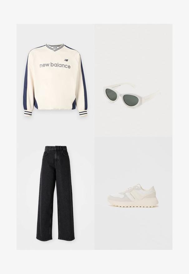 New Balance sweatshirt i creme og marineblå med lange ærmer, stribede manchetter og krave samt teksten "new balance" på brystet.; Sorte højtaljede brede bukser lavet af denim, præget af et klassisk fem-lomme design og subtile syninger.; Sneakers i hvid og lys beige med en blanding af glat og tekstureret stof. Har en polstret sål og et logo-accents på siden.; Hvide katteøje-solbriller med mørke polariserede linser og en ramme af genanvendt polycarbonat på en ensfarvet hvid baggrund.