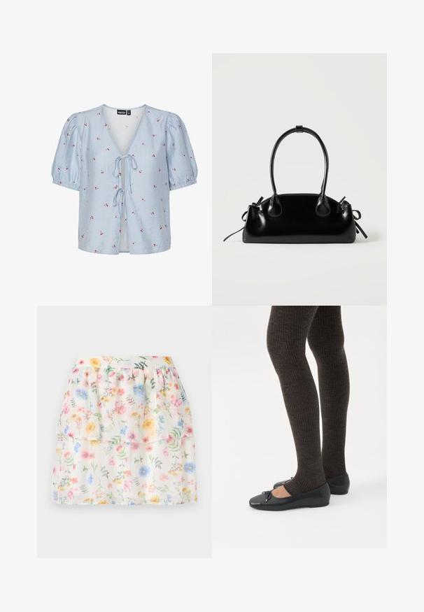 Blouse rayée bleu et blanc avec des manches bouffantes courtes, un décolleté en V profond, une fermeture à nouer à l'avant et des accents floraux rouges sur l'ensemble.; Jupe à volants blanche avec imprimé floral, présentant des fleurs pastel et des accents verts. Fabriquée en tissu léger, avec une taille froncée.; Jambes portant des leggings côtelés foncés associés à des ballerines noires avec de petits détails en nœud sur fond blanc.; Petit sac à main noir brillant avec deux longues anses et des détails à cordon sur les côtés sur un fond clair uni.