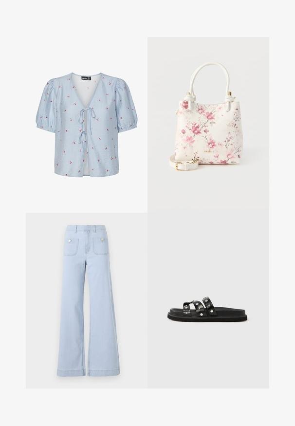 Blusa a rayas azul y blanca con mangas cortas abullonadas, escote en V profundo, cierre con lazo en el frente y detalles florales rojos en toda la prenda.; Jeans de pierna ancha azul claro, confeccionados en denim, con una cintura alta, grandes bolsillos frontales y detalles metálicos en los bolsillos traseros.; Sandalias negras tipo "slide" con tres tiras anchas y tachuelas plateadas. Material de cuero liso con suela plana y plantilla texturizada.; Bolso blanco con estampado floral rosa, asas anudadas, herrajes dorados y correa desmontable, con la marca ALDO en el frente.