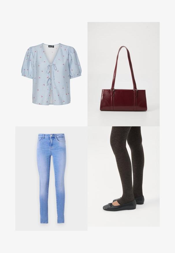 Blusa a rayas azul y blanca con mangas cortas abullonadas, escote en V profundo, cierre con lazo en el frente y detalles florales rojos en toda la prenda.; Jeans skinny azul claro con un lavado descolorido, que cuentan con un diseño de cinco bolsillos, cierre de botón al frente y un dobladillo limpio.; Piernas con leggings oscuros acanalados combinados con bailarinas negras que presentan pequeños detalles de lazo sobre un fondo blanco.; Bolso burdeos hecho de material brillante, de forma rectangular, con dos asas para el hombro y sutiles acentos curvados en la parte frontal.