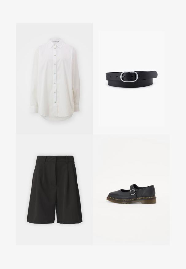 Hvid skjorte med knapper lavet af bomuld. Har en klassisk krave, lange ærmer og en buet kant. Har standard knaplukning foran.; Sorte shorts med et skræddersyet design, der har læg foran, en bred talje, og en glat overflade. Ingen synlige lommer.; Sorte læder Mary Jane sko med en rund tå, justerbar spænde, gul syning og en kraftig brun gummisål.; Sort læderbælte med en glat overflade, oval sølvmetalspænde og flere justeringshuller langs stroppen. Flad, minimalistisk design.