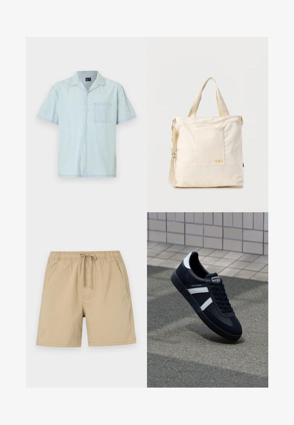 Lichtblauwe korte mouw shirt van lichte stof, met een klassieke kraag, knopen aan de voorkant en een borstzak aan de linkerzijde.; Beige shorts van katoen met een elastische tailleband, een trekkoord en zijzakken. Gladde textuur en boven de knie lengte.; Zwarte leren sneaker met witte strepen, een gestructureerde rubberen zool en vetersluiting aan de voorkant. Voorzien van een merklabel op de tong.; Crèmekleurige canvas boodschappentas met voorvak, twee handvatten, verstelbare schouderriem en kleine gele "O.N.S" tekst rechtsonder op het vak.