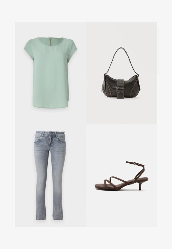 Blouse vert clair à manches courtes avec un col rond et fermeture éclair dans le dos. Fabriquée en tissu lisse, elle présente une coupe décontractée et des lignes épurées.; Jean en denim bleu clair avec une coupe droite, présentant une finition légèrement délavée, cinq poches, et un classique système de bouton et fermeture éclair.; Sandale marron à talons hauts avec fines lanières croisées et bride de cheville avec boucle argentée sur fond blanc.; Sac à épaule en cuir noir avec une sangle à boucle, des bords arrondis et des coutures blanches contrastées sur un fond uni.
