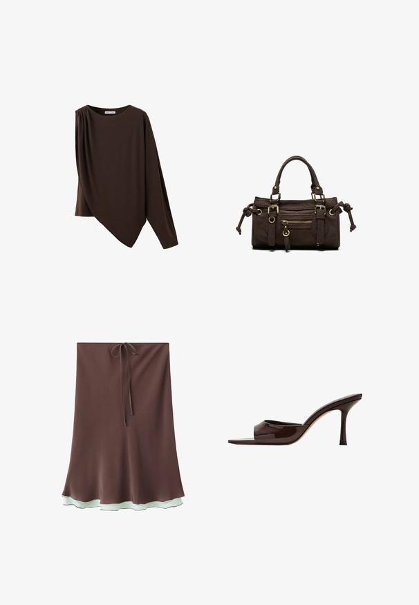 Haut asymétrique marron foncé à manches longues avec un col rond et un détail froncé sur une épaule.; Jupe trapèze marron avec ourlet bleu clair à volants et fine ceinture nouée à la taille, présentée sur fond blanc.; Mule en cuir verni marron foncé, à bout ouvert, avec une large bride et un talon haut fin sur fond blanc.; Sac à main en cuir marron foncé avec double poignée, poche avant zippée, boucles décoratives et nœuds latéraux sur fond blanc.