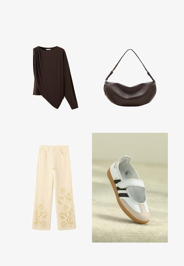 Haut asymétrique marron foncé à manches longues avec un col rond et un détail froncé sur une épaule.; Pantalon large crème avec broderie florale ajourée sur le bas des jambes et les poches avant.; Chaussure blanche avec un embout en daim rose, des rayures noires et une sangle Velcro. Dispose d'une semelle en caoutchouc brun et d'un logo sur le côté.; Sac à bandoulière en cuir marron foncé avec une forme courbée, une sangle réglable et une fermeture éclair dorée le long du bord inférieur.