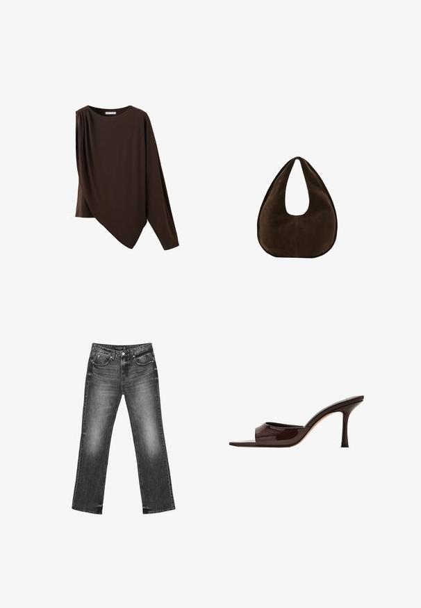Asymmetrisches dunkelbraunes Langarm-Top mit rundem Ausschnitt und gerafftem Detail an einer Schulter.; Schwarze Denim-Jeans mit geradem Bein, verblasstem Design und fünf Taschen. Mit Gürtelschlaufen und Reißverschluss.; Dunkelbrauner Lackleder-Mule mit offenem Zehenbereich, breitem Riemen und schlankem hohen Absatz auf weißem Hintergrund.; Dunkelbraune Wildleder-Handtasche in Halbmondform mit einem breiten Riemen und glatter Textur vor weißem Hintergrund.