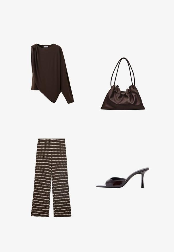 Haut asymétrique marron foncé à manches longues avec un col rond et un détail froncé sur une épaule.; Pantalons à larges jambes marron foncé avec des rayures en zigzag crème contrastantes. Fabriqués en tissu texturé, avec une taille mi-haute confortable.; Mule en cuir verni noir à bout ouvert avec un talon stiletto fin de hauteur moyenne et une bride supérieure basse.; Sac à main en cuir brun foncé souple avec une forme flasque et deux fines bretelles sur fond blanc.