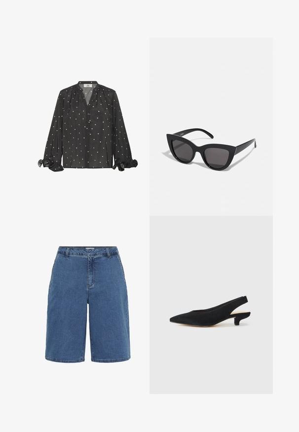 Must natuke musta läbipaistva bluusiga, millel on valged täpid, V-kaelus, pikad varrukad rippuvate mansettidega ja õlgadel diskreetne kogumise detail.; Sinised pesu denim lühikesed püksid klassikalise lõikega, viie taskuga ja kontrastõmblustega ühendustes. Keskmise kõrgusega vöökoht ja sirged sääred.; Mustad sametist slingback-kontsakingad terava nina ja madala, plokksest kontsaga. Omadusteks on sile tekstuur ja minimalistlik disain.; Mustad mustakate silmade prillid, millel on matt viimistlus, hallist toonitud läätsed, teravad nurgad ja stiilsed küljed. Brändi nimi on nähtav siseküljel.