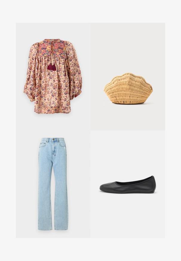 Blomstret skjorte i let, ferskenfarvet stof. Har puffede ærmer, broderet halsudskæring og kvastdetaljer. Farverige blomstermønstre over det hele.; Lyseblå denimjeans med en lige benlængde, der har en lynlås i åbningen, fem lommer og subtile slidte detaljer.; Sort læderballetsko med rund tå, glat tekstur, minimal syning og et fleksibelt såldesign.; Vævet rattan håndtaske formet som en kammusling med naturlig lysebrun farve og afrundede, strukturerede kanter.