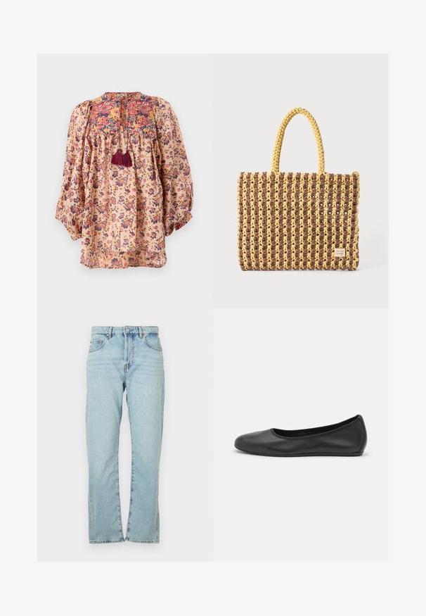 Blomstret skjorte i let, ferskenfarvet stof. Har puffede ærmer, broderet halsudskæring og kvastdetaljer. Farverige blomstermønstre over det hele.; Lyseblå denimjeans med lige ben-design. Har fem lommer, metalknaplukning og en let falmet tekstur.; Sort læderballetsko med rund tå, glat tekstur, minimal syning og et fleksibelt såldesign.; Vævet taske i brun og gul, med en rektangulær form, to håndtag, og en tekstureret overflade med synlige sting og et mærke.