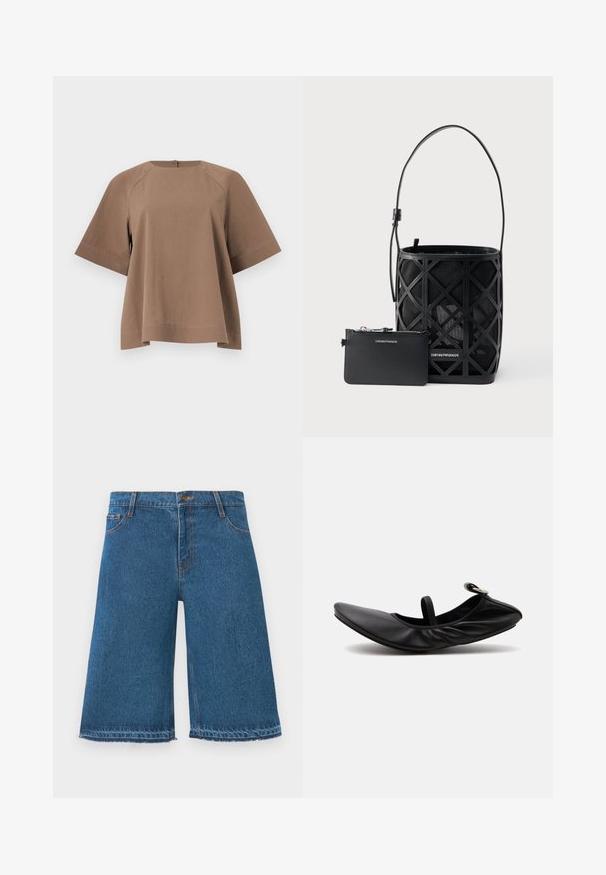 Bruine top met losse pasvorm, korte mouwen, brede mouwen en een ronde halslijn, plat uitgestald tegen een lichte achtergrond.; Blauwe denim knielange shorts met rafelige zomen, knop aan de voorkant en zakken op een effen witte achtergrond.; Zwarte gevouwen leren ballerina platte schoen met een enkele band en zilveren gesp op een effen lichte achtergrond.; Zwarte handtas in emmerstijl met geometrisch uitsnijdingsontwerp en bijpassend klein zippertasje, beide van het merk Emporio Armani.