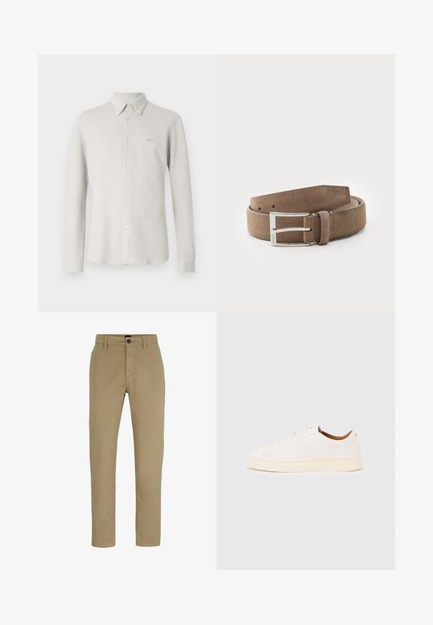 Camisa gris claro con botones, tela texturizada, cuello y mangas largas; presenta un sutil logo "BOSS" en el pecho.; Chinos de algodón beige con un ajuste slim, frente plano y cierre de botón. Presenta trabillas para cinturón y bolsillos laterales para mayor funcionalidad.; Zapatilla blanca de corte bajo con diseño de cordones, detalles mínimos de costuras y suela color crema sobre un fondo gris claro.; Cinturón de ante en marrón claro con una textura suave y hebilla de metal plateado. Presenta cinco agujeros y bordes cosidos para mayor durabilidad.