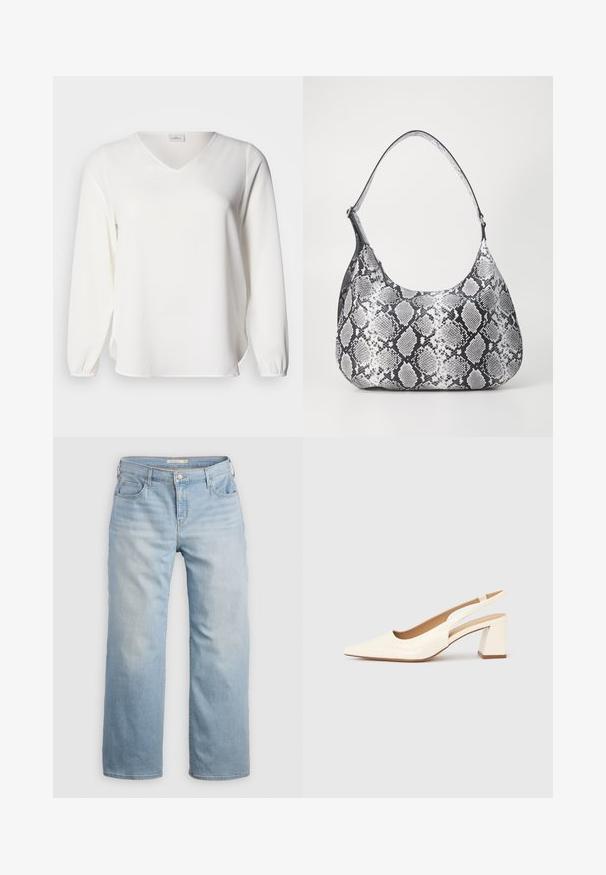 Hvid bluse med lange ærmer og V-hals, lavet af blødt stof. Har rynkede manchetter og sideslidser, der giver en afslappet pasform og glat tekstur.; Lyseblå vide jeans lavet af denim. Har høj talje, fem lommer og kontrastsyede detaljer. Glat tekstur med en slidseffekt.; Slingback-pumpe i blank cremefarvet laklæder, med spids snude og kraftig firkantet hæl for stabilitet. Minimalistisk design uden pynt.; Sort-hvid slangemønster skuldertaske med en rund form, glat tekstur og en buet rem. Har et sølvfarvet hardware-accents.