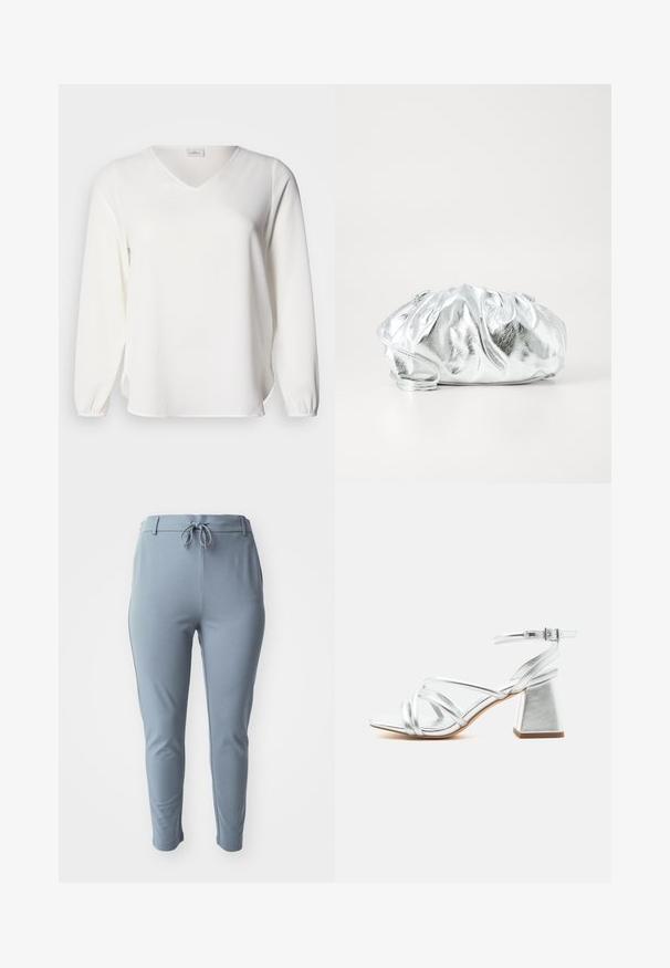 Witte blouse met lange mouwen en een V-hals, gemaakt van zachte stof. Voorzien van geplooide manchetten en zijsplitsingen, die zorgen voor een losse pasvorm en een gladde textuur.; Lichtblauwe, rekbare broeken met een taps toelopende pasvorm, elastische tailleband en verstelbaar trekkoord. Heeft zijzakken en een gladde textuur.; Zilverkleurige sandalen met bandjes, blokhak en enkelriempje met gesp, open teen en gladde zool op een effen witte achtergrond.; Metalen zilveren clutch tas met een zachte, geplooide body en een dunne schouderriem. Kenmerkt zich door een gladde, glanzende textuur en afgeronde vorm.